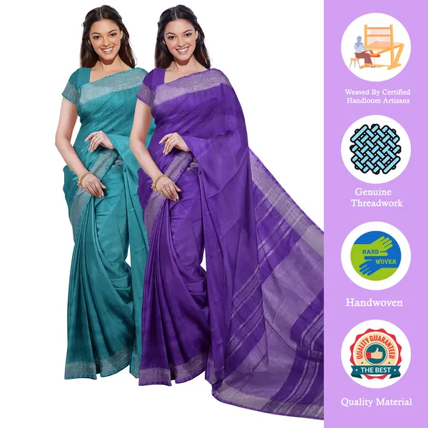 Cyan_&_French_Violet_women's_Bhagalpuri_Handloom_Cotton-Linen_Blend_Saree_Combo_(Pack_Of_2)_With_Running_Unstiched_Blouse_Piece