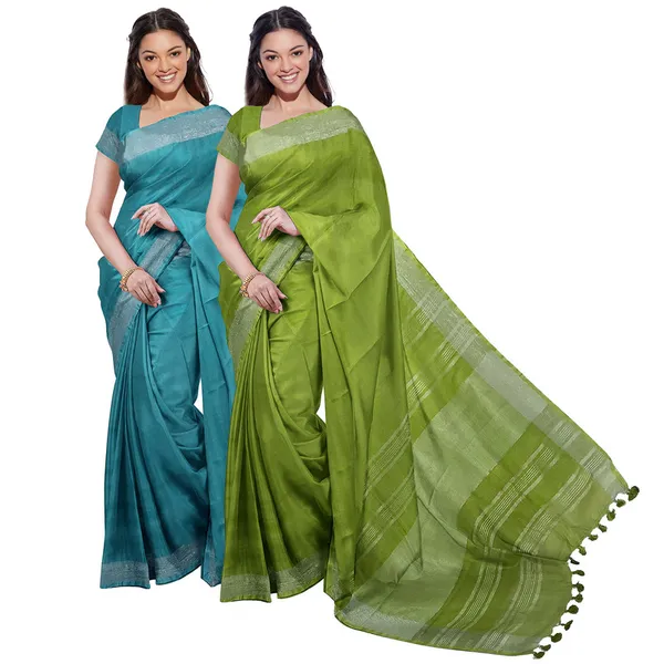 Cyan_&_Green_women's_Bhagalpuri_Handloom_Cotton-Linen_Blend_Saree_Combo_(Pack_Of_2)_With_Running_Unstiched_Blouse_Piece