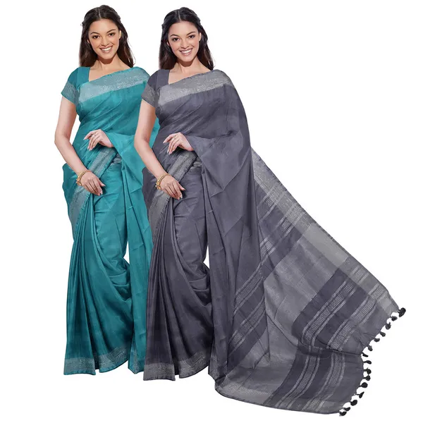 Cyan_&_Grey_women's_Bhagalpuri_Handloom_Cotton-Linen_Blend_Saree_Combo_(Pack_Of_2)_With_Running_Unstiched_Blouse_Piece