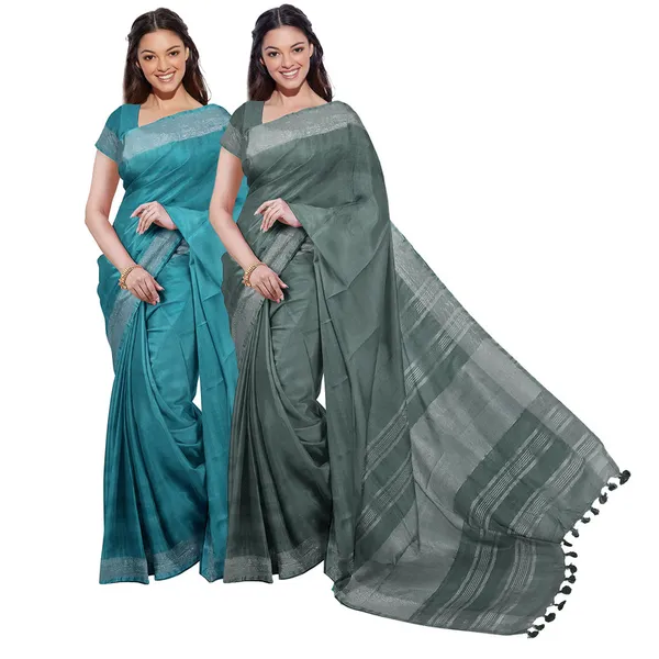 Cyan_&_Hookers'_Green_women's_Bhagalpuri_Handloom_Cotton-Linen_Blend_Saree_Combo_(Pack_Of_2)_With_Running_Unstiched_Blouse_Piece