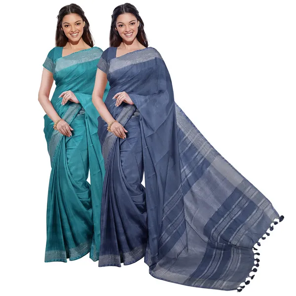 Cyan_&_Lake_Blue_women's_Bhagalpuri_Handloom_Cotton-Linen_Blend_Saree_Combo_(Pack_Of_2)_With_Running_Unstiched_Blouse_Piece