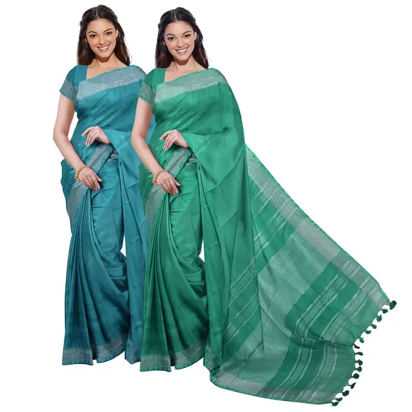 Cyan_&_Mint_Green_women's_Bhagalpuri_Handloom_Cotton-Linen_Blend_Saree_Combo_(Pack_Of_2)_With_Running_Unstiched_Blouse_Piece