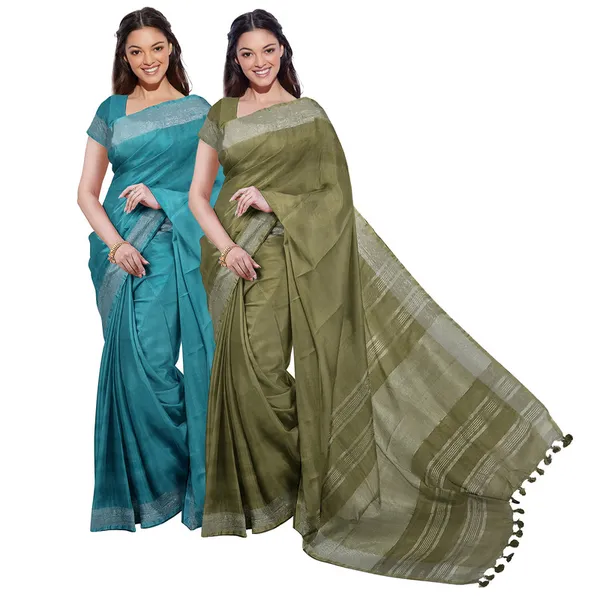 Cyan_&_Moss_Green_women's_Bhagalpuri_Handloom_Cotton-Linen_Blend_Saree_Combo_(Pack_Of_2)_With_Running_Unstiched_Blouse_Piece