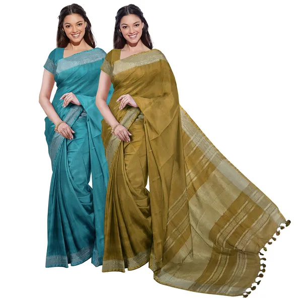 Cyan_&_Olive_Green_women's_Bhagalpuri_Handloom_Cotton-Linen_Blend_Saree_Combo_(Pack_Of_2)_With_Running_Unstiched_Blouse_Piece