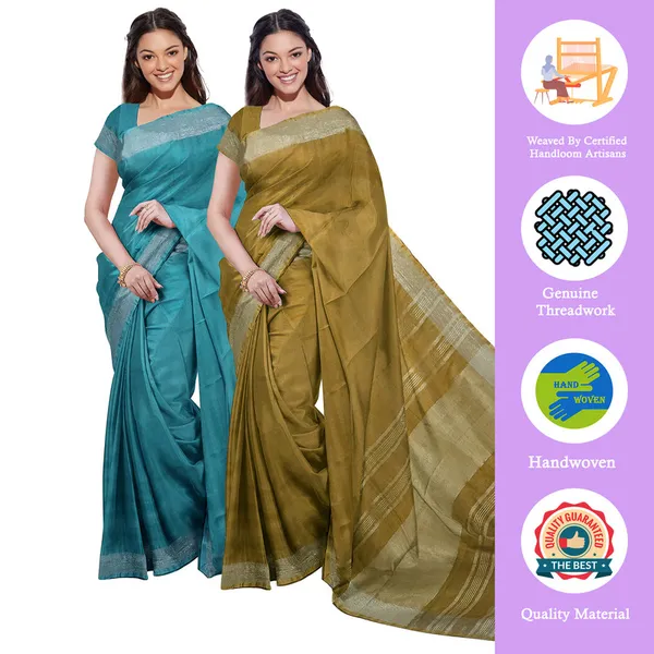 Cyan_&_Olive_Green_women's_Bhagalpuri_Handloom_Cotton-Linen_Blend_Saree_Combo_(Pack_Of_2)_With_Running_Unstiched_Blouse_Piece