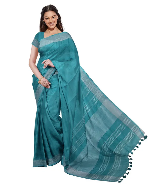 Cyan_&_Olive_Green_women's_Bhagalpuri_Handloom_Cotton-Linen_Blend_Saree_Combo_(Pack_Of_2)_With_Running_Unstiched_Blouse_Piece