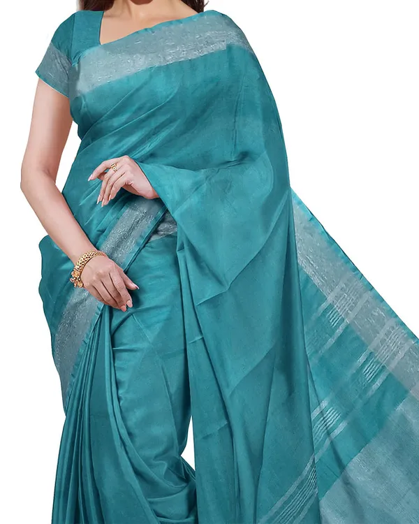 Cyan_&_Olive_Green_women's_Bhagalpuri_Handloom_Cotton-Linen_Blend_Saree_Combo_(Pack_Of_2)_With_Running_Unstiched_Blouse_Piece