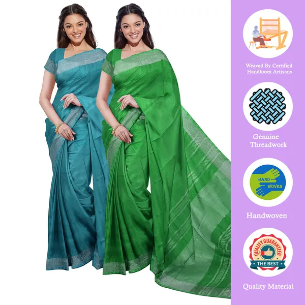 Cyan_&_Pigment_Green_women's__Bhagalpuri_Handloom_Cotton-Linen_Blend_Saree_Combo_(Pack_Of_2)_With_Running_Unstiched_Blouse_Piece