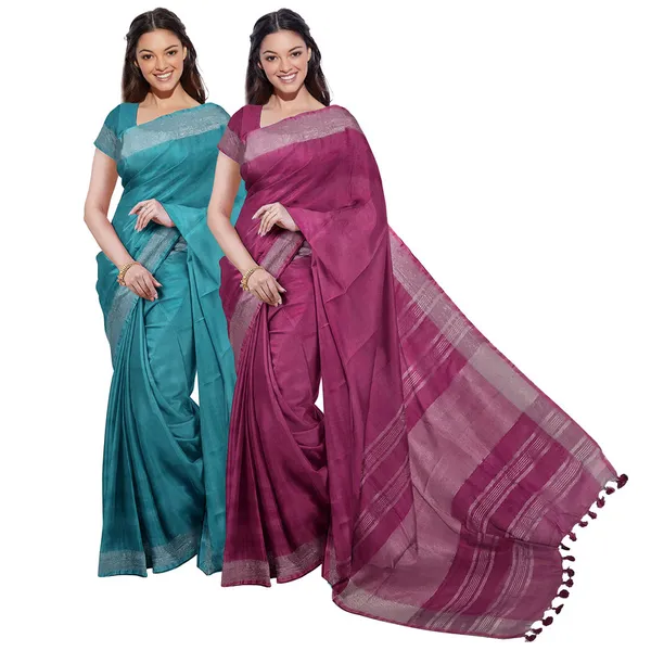 Cyan_&_Raspberry_Pink_women's_Bhagalpuri_Handloom_Cotton-Linen_Blend_Saree_Combo_(Pack_Of_2)_With_Running_Unstiched_Blouse_Piece