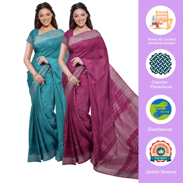 Cyan_&_Raspberry_Pink_women's_Bhagalpuri_Handloom_Cotton-Linen_Blend_Saree_Combo_(Pack_Of_2)_With_Running_Unstiched_Blouse_Piece