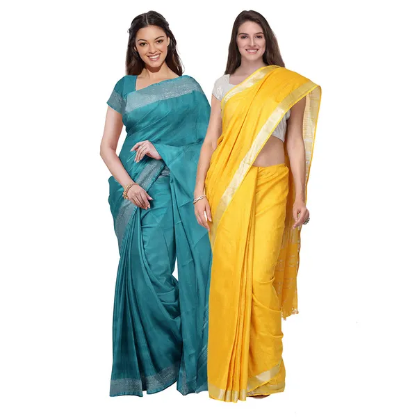 Cyan_&_Yellow_women's_Bhagalpuri_Handloom_Cotton-Linen_Blend_Saree_Combo_(Pack_Of_2)_With_Running_Unstiched_Blouse_Piece