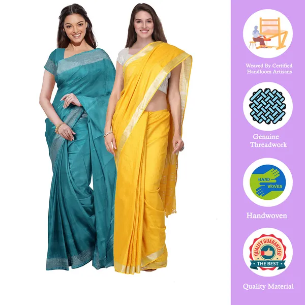 Cyan_&_Yellow_women's_Bhagalpuri_Handloom_Cotton-Linen_Blend_Saree_Combo_(Pack_Of_2)_With_Running_Unstiched_Blouse_Piece
