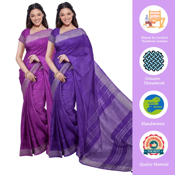 Electric_Purple_&_French_Violet_women's_Bhagalpuri_Handloom_Cotton-Linen_Blend_Saree_Combo_(Pack_Of_2)_With_Running_Unstitched_Blouse_Piece