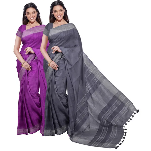 Electric_Purple_&_Grey_women's_Bhagalpuri_Handloom_Cotton-Linen_Blend_Saree_Combo_(Pack_Of_2)_With_Running_Unstiched_Blouse_Piece