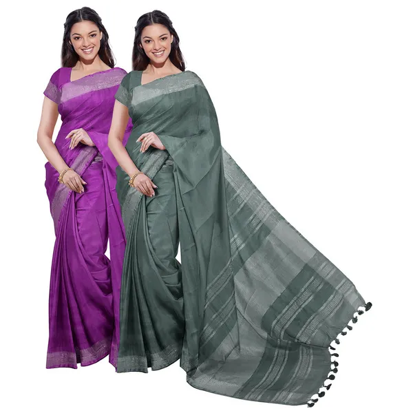 Electric_Purple_&_Hookers'_Green_women's_Bhagalpuri_Handloom_Cotton-Linen_Blend_Saree_Combo_(Pack_Of_2)_With_Running_Unstiched_Blouse_Piece