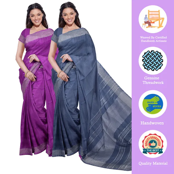 Bhagalpuri_Handloom_Cotton-Linen_Blend_Saree_Combo_(Pack_Of_2)_With_Running_Unstiched_Blouse_Piece