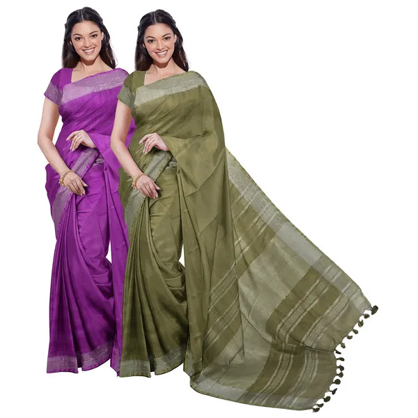 Electric_Purple_&_Moss_Green_women's_Bhagalpuri_Handloom_Cotton-Linen_Blend_Saree_Combo_(Pack_Of_2)_With_Running_Unstiched_Blouse_Piece