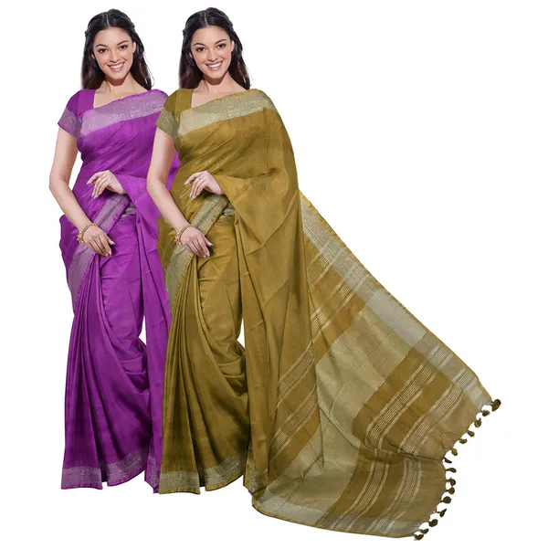 Electric_Purple_&_Olive_Green_women's_Bhagalpuri_Handloom_Cotton-Linen_Blend_Saree_Combo_(Pack_Of_2)_With_Running_Unstiched_Blouse_Piece