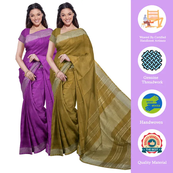 Electric_Purple_&_Olive_Green_women's_Bhagalpuri_Handloom_Cotton-Linen_Blend_Saree_Combo_(Pack_Of_2)_With_Running_Unstiched_Blouse_Piece