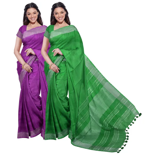 Electric_Purple_&_Pigment_Green_women's_Bhagalpuri_Handloom_Cotton-Linen_Blend_Saree_Combo_(Pack_Of_2)_With_Running_Unstiched_Blouse_Piece