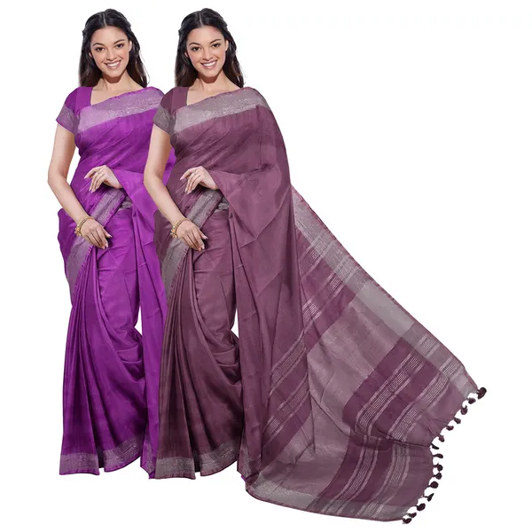 Electric_Purple_&_Quinacridone_Magenta_women's_Bhagalpuri_Handloom_Cotton-Linen_Blend_Saree_Combo_(Pack_Of_2)_With_Running_Unstiched_Blouse_Piece