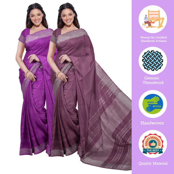Electric_Purple_&_Quinacridone_Magenta_women's_Bhagalpuri_Handloom_Cotton-Linen_Blend_Saree_Combo_(Pack_Of_2)_With_Running_Unstiched_Blouse_Piece