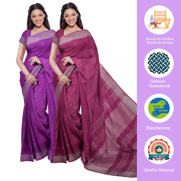 Electric_Purple_&_Raspberry_Pink_women's_Bhagalpuri_Handloom_Cotton-Linen_Blend_Saree_Combo_(Pack_Of_2)_With_Running_Unstiched_Blouse_Piece