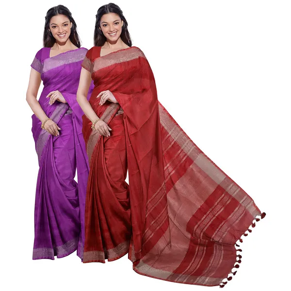 Electric_Purple_&_Red_women's_Bhagalpuri_Handloom_Cotton-Linen_Blend_Saree_Combo_(Pack_Of_2)_With_Running_Unstiched_Blouse_Piece