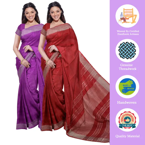 Electric_Purple_&_Red_women's_Bhagalpuri_Handloom_Cotton-Linen_Blend_Saree_Combo_(Pack_Of_2)_With_Running_Unstiched_Blouse_Piece