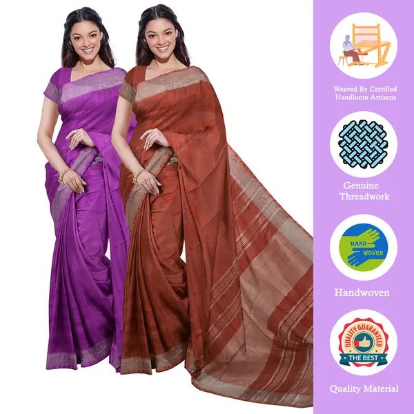 Electric_Purple_&_Sienna_Orange_women's_Bhagalpuri_Handloom_Cotton-Linen_Blend_Saree_Combo_(Pack_Of_2)_With_Running_Unstiched_Blouse_Piece