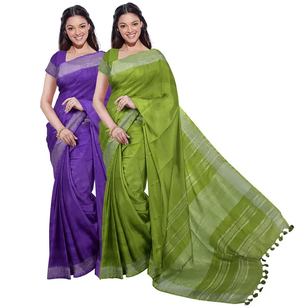 French_Violet_&_Green_women's_Bhagalpuri_Handloom_Cotton-Linen_Blend_Saree_Combo_(Pack_Of_2)_With_Running_Unstiched_Blouse_Piece
