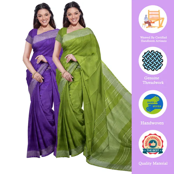 French_Violet_&_Green_women's_Bhagalpuri_Handloom_Cotton-Linen_Blend_Saree_Combo_(Pack_Of_2)_With_Running_Unstiched_Blouse_Piece