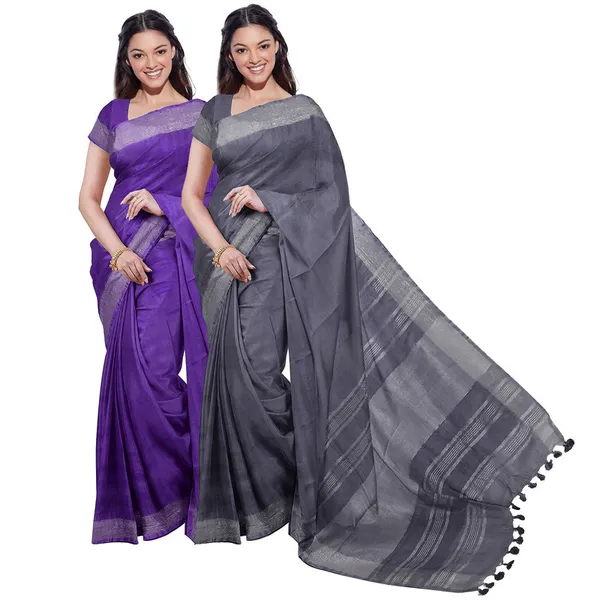 French_Violet_&_Grey_women's_Bhagalpuri_Handloom_Cotton-Linen_Blend_Saree_Combo_(Pack_Of_2)_With_Running_Unstiched_Blouse_Piece
