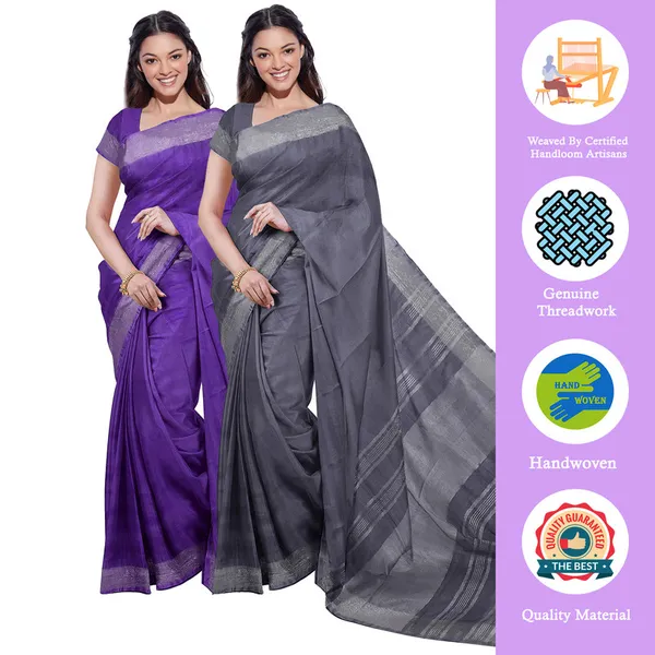 French_Violet_&_Grey_women's_Bhagalpuri_Handloom_Cotton-Linen_Blend_Saree_Combo_(Pack_Of_2)_With_Running_Unstiched_Blouse_Piece
