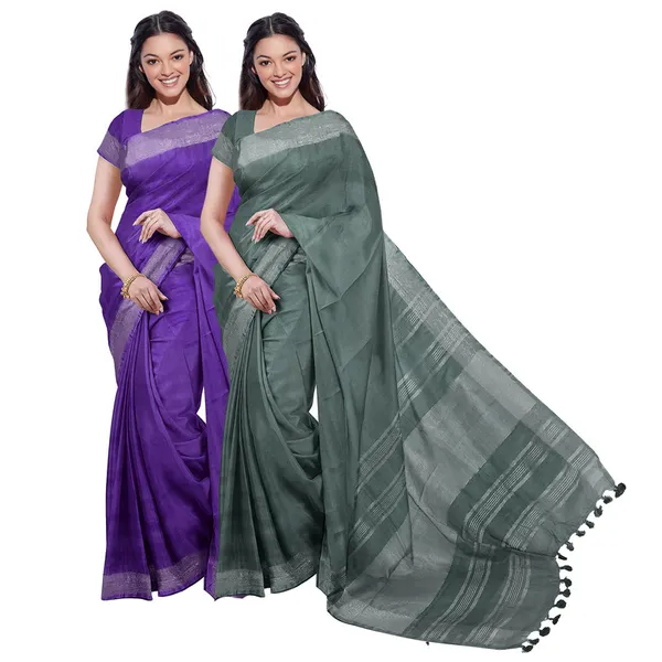 French_Violet_&_Hookers'_Green_women's_Bhagalpuri_Handloom_Cotton-Linen_Blend_Saree_Combo_(Pack_Of_2)_With_Running_Unstiched_Blouse_Piece