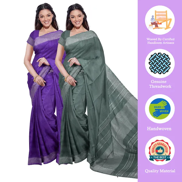 French_Violet_&_Hookers'_Green_women's_Bhagalpuri_Handloom_Cotton-Linen_Blend_Saree_Combo_(Pack_Of_2)_With_Running_Unstiched_Blouse_Piece
