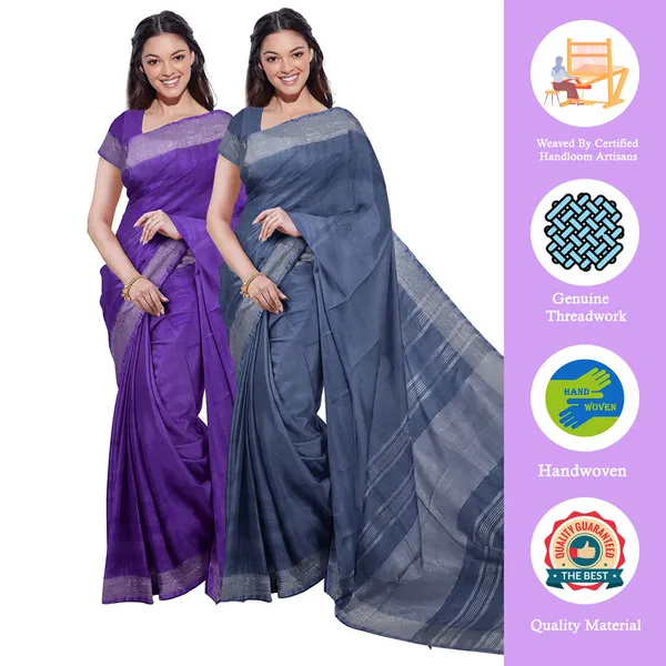 French_Violet_&_Lake_Blue_women's_Bhagalpuri_Handloom_Cotton-Linen_Blend_Saree_Combo_(Pack_Of_2)_With_Running_Unstiched_Blouse_Piece