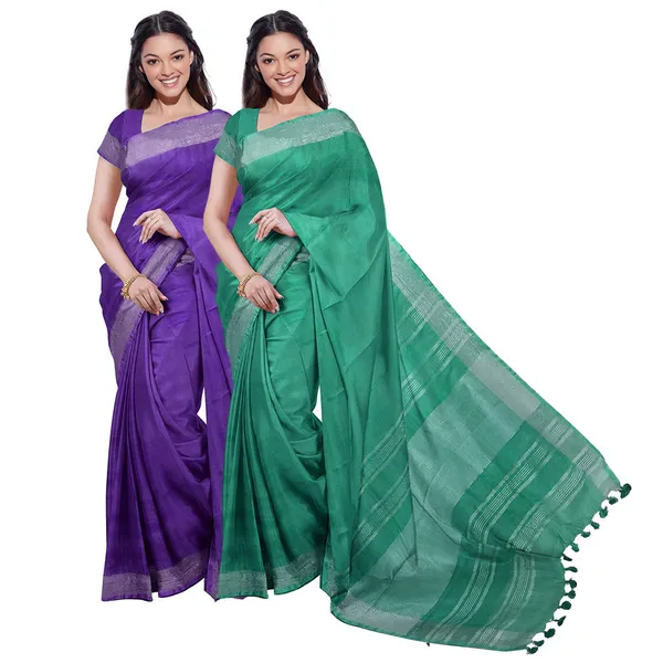 French_Violet_&_Mint_Green_women's_Bhagalpuri_Handloom_Cotton-Linen_Blend_Saree_Combo_(Pack_Of_2)_With_Running_Unstiched_Blouse_Piece