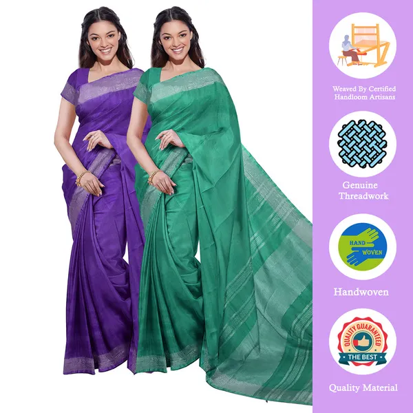 French_Violet_&_Mint_Green_women's_Bhagalpuri_Handloom_Cotton-Linen_Blend_Saree_Combo_(Pack_Of_2)_With_Running_Unstiched_Blouse_Piece