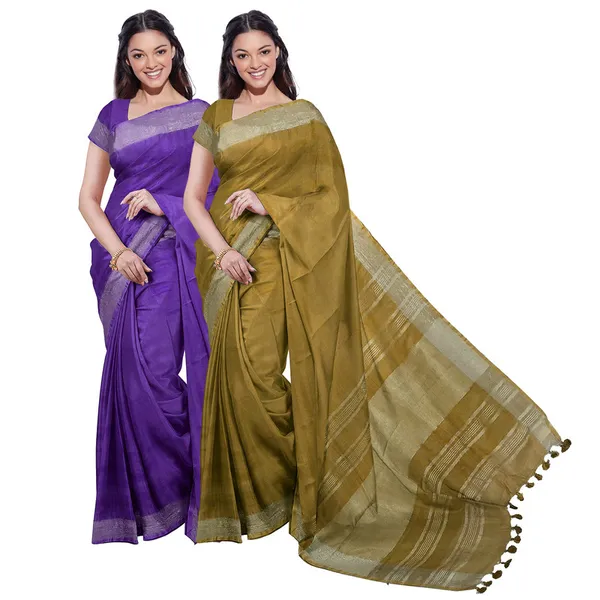 French_Violet_&_Olive_Green_women's_Bhagalpuri_Handloom_Cotton-Linen_Blend_Saree_Combo_(Pack_Of_2)_With_Running_Unstiched_Blouse_Piece