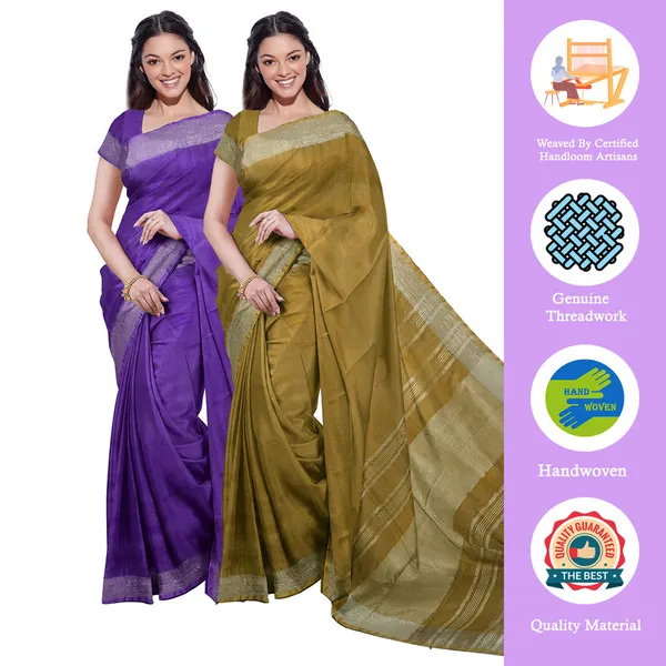 French_Violet_&_Olive_Green_women's_Bhagalpuri_Handloom_Cotton-Linen_Blend_Saree_Combo_(Pack_Of_2)_With_Running_Unstiched_Blouse_Piece