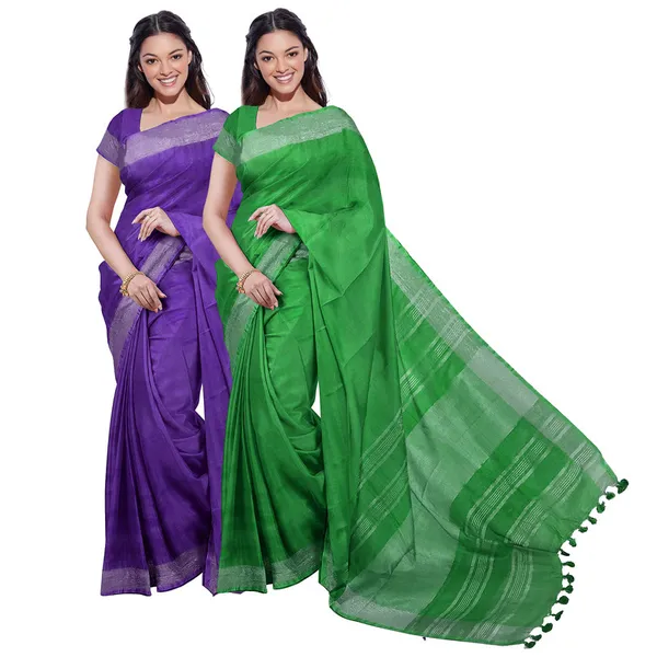 French_Violet_&_Pigment_Green_women's_Bhagalpuri_Handloom_Cotton-Linen_Blend_Saree_Combo_(Pack_Of_2)_With_Running_Unstiched_Blouse_Piece