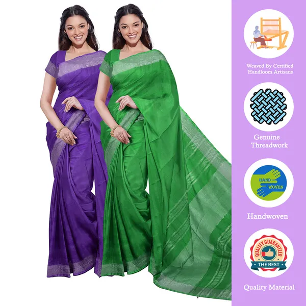 French_Violet_&_Pigment_Green_women's_Bhagalpuri_Handloom_Cotton-Linen_Blend_Saree_Combo_(Pack_Of_2)_With_Running_Unstiched_Blouse_Piece