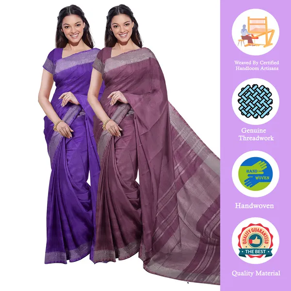 French_Violet_&_Quinacridone_Magenta_women's_Bhagalpuri_Handloom_Cotton-Linen_Blend_Saree_Combo_(Pack_Of_2)_With_Running_Unstiched_Blouse_Piece