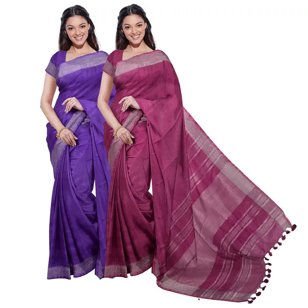 Bhagalpuri_Handloom_Cotton-Linen_Blend_Saree_Combo_(Pack_Of_2)_With_Running_Unstiched_Blouse_Piece