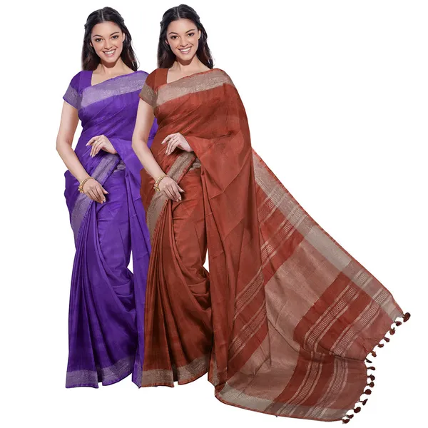 Bhagalpuri_Handloom_Cotton-Linen_Blend_Saree_Combo_(Pack_Of_2)_With_Running_Unstiched_Blouse_Piece