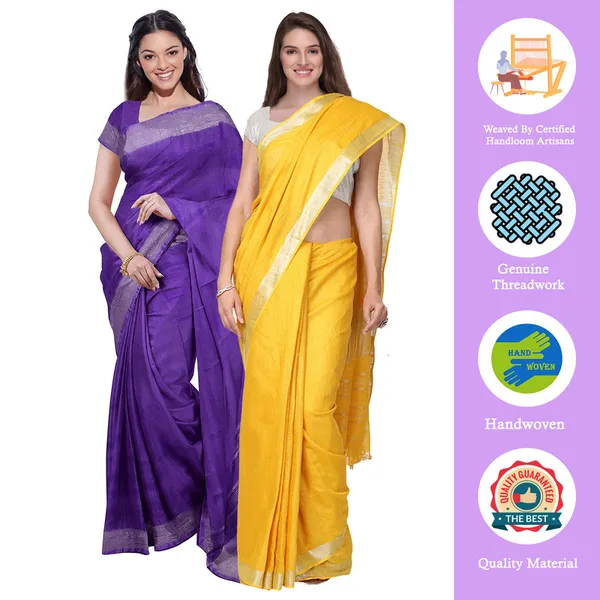 French_Violet_&_Yellow_women's_Bhagalpuri_Handloom_Cotton-Linen_Blend_Saree_Combo_(Pack_Of_2)_With_Running_Unstiched_Blouse_Piece