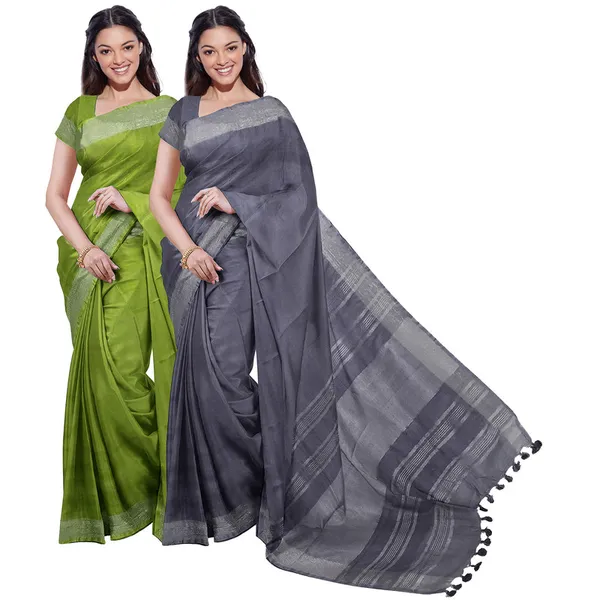 Green_&_Grey_women's_Bhagalpuri_Handloom_Cotton-Linen_Blend_Saree_Combo_(Pack_Of_2)_With_Running_Unstiched_Blouse_Piece