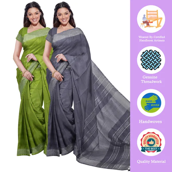 Green_&_Grey_women's_Bhagalpuri_Handloom_Cotton-Linen_Blend_Saree_Combo_(Pack_Of_2)_With_Running_Unstiched_Blouse_Piece