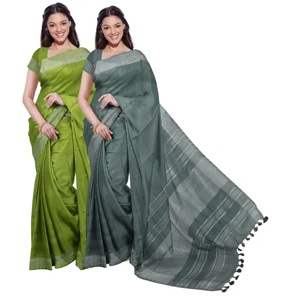 Green_&_Hookers'_Green_women's_Bhagalpuri_Handloom_Cotton-Linen_Blend_Saree_Combo_(Pack_Of_2)_With_Running_Unstiched_Blouse_Piece